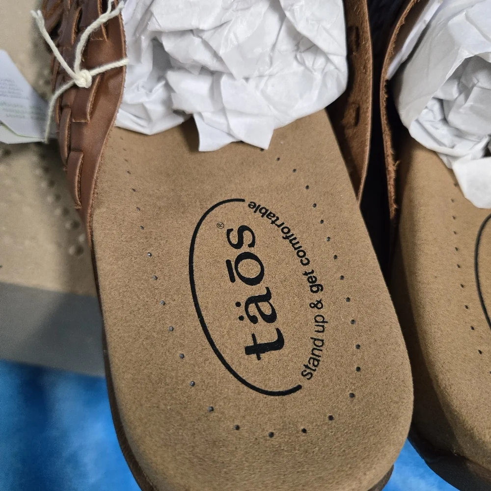 Taos Footwear Cognac Tan Woven Leather Slide Sandal